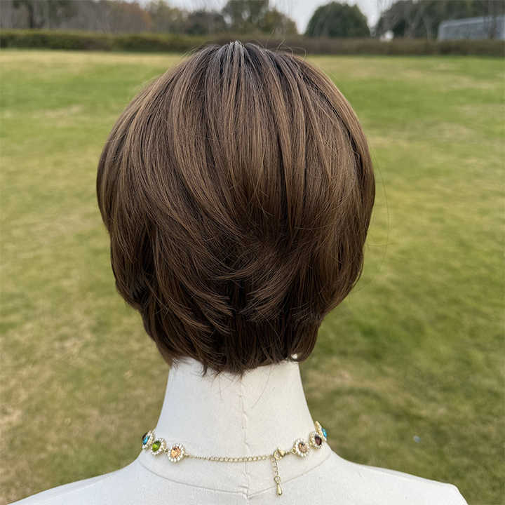2025 Wholesale Dark Brown Layered Synthetic Short Hair Wig with Bangs Looks Natural