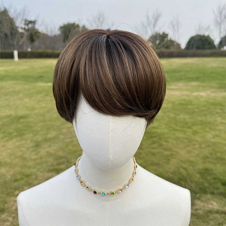 2025 Wholesale Dark Brown Layered Synthetic Short Hair Wig with Bangs Looks Natural