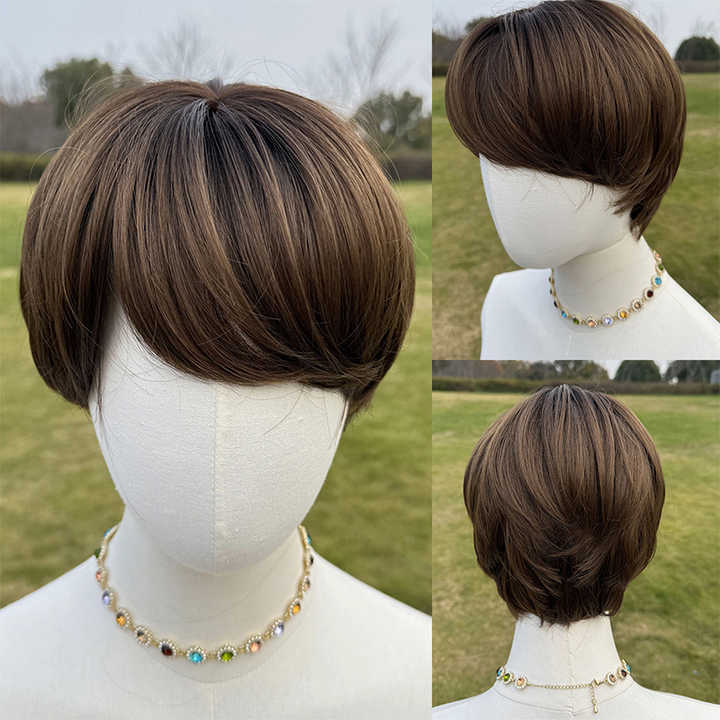 2025 Wholesale Dark Brown Layered Synthetic Short Hair Wig with Bangs Looks Natural