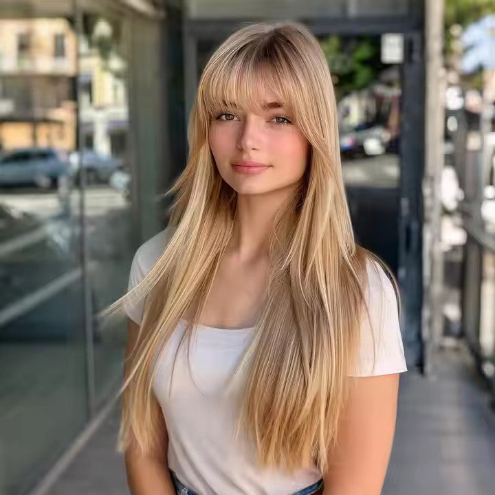 2025 Popular Fashion Wigs African Wigs Full Bangs Brown Long Straight High Temperature Silk Synthetic