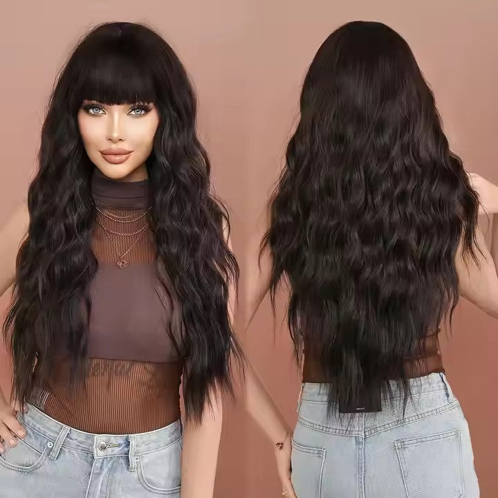 30'' Long Black Wavy Wigs for Women Synthetic Curly Wave Wig With Bangs Natural Black Curly Hair Wig for Girls Daily Party Use