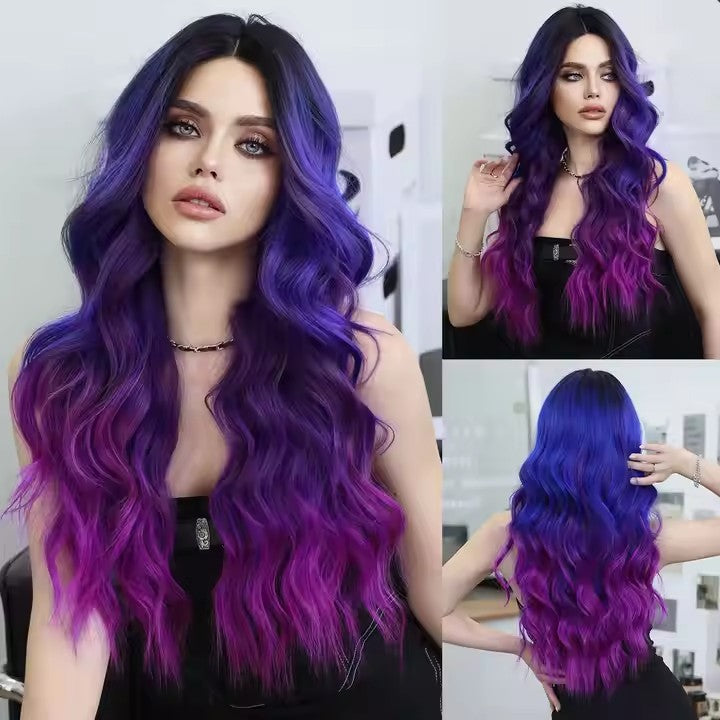 Front Synthetic Wig Center Section Curly Wave Blue Purple Wig For Everyday Parties