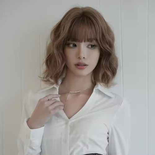 14 Inch Short Brown Curly Synthetic Heat Resistant Wig With Bangs