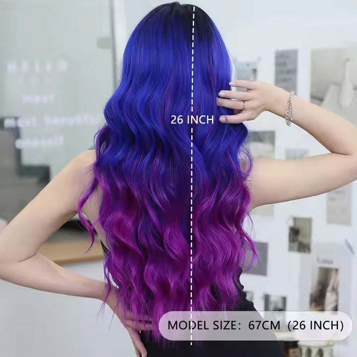 Front Synthetic Wig Center Section Curly Wave Blue Purple Wig For Everyday Parties