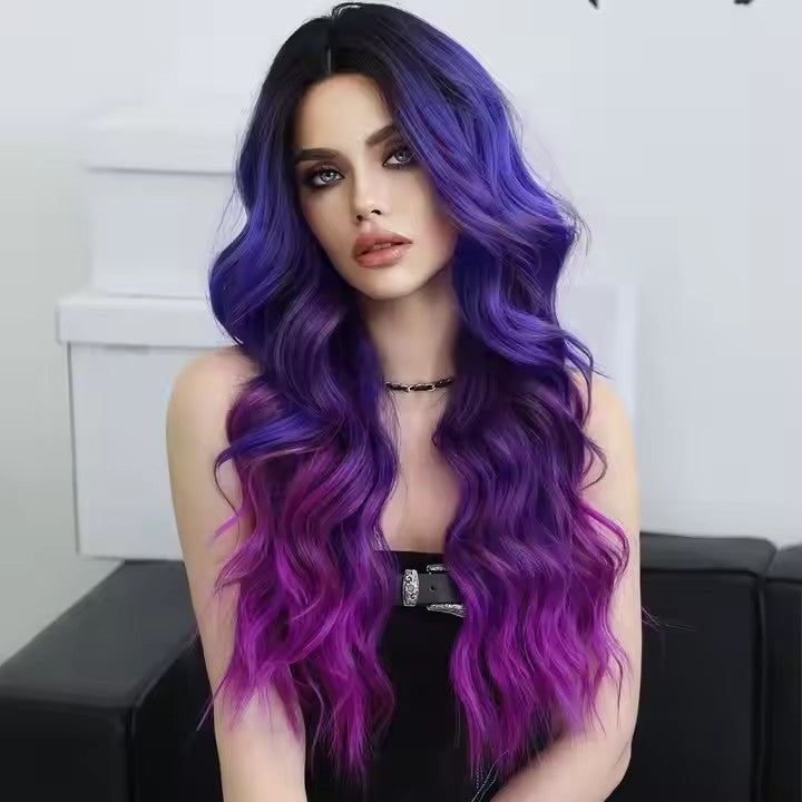 Front Synthetic Wig Center Section Curly Wave Blue Purple Wig For Everyday Parties