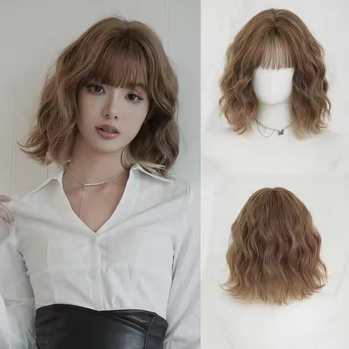 14 Inch Short Brown Curly Synthetic Heat Resistant Wig With Bangs