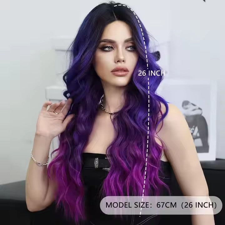 Front Synthetic Wig Center Section Curly Wave Blue Purple Wig For Everyday Parties