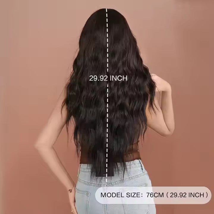30'' Long Black Wavy Wigs for Women Synthetic Curly Wave Wig With Bangs Natural Black Curly Hair Wig for Girls Daily Party Use
